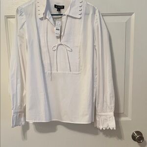 NWT J. Crew White Pintuck Tie-Front Blouse with Scallop Trim